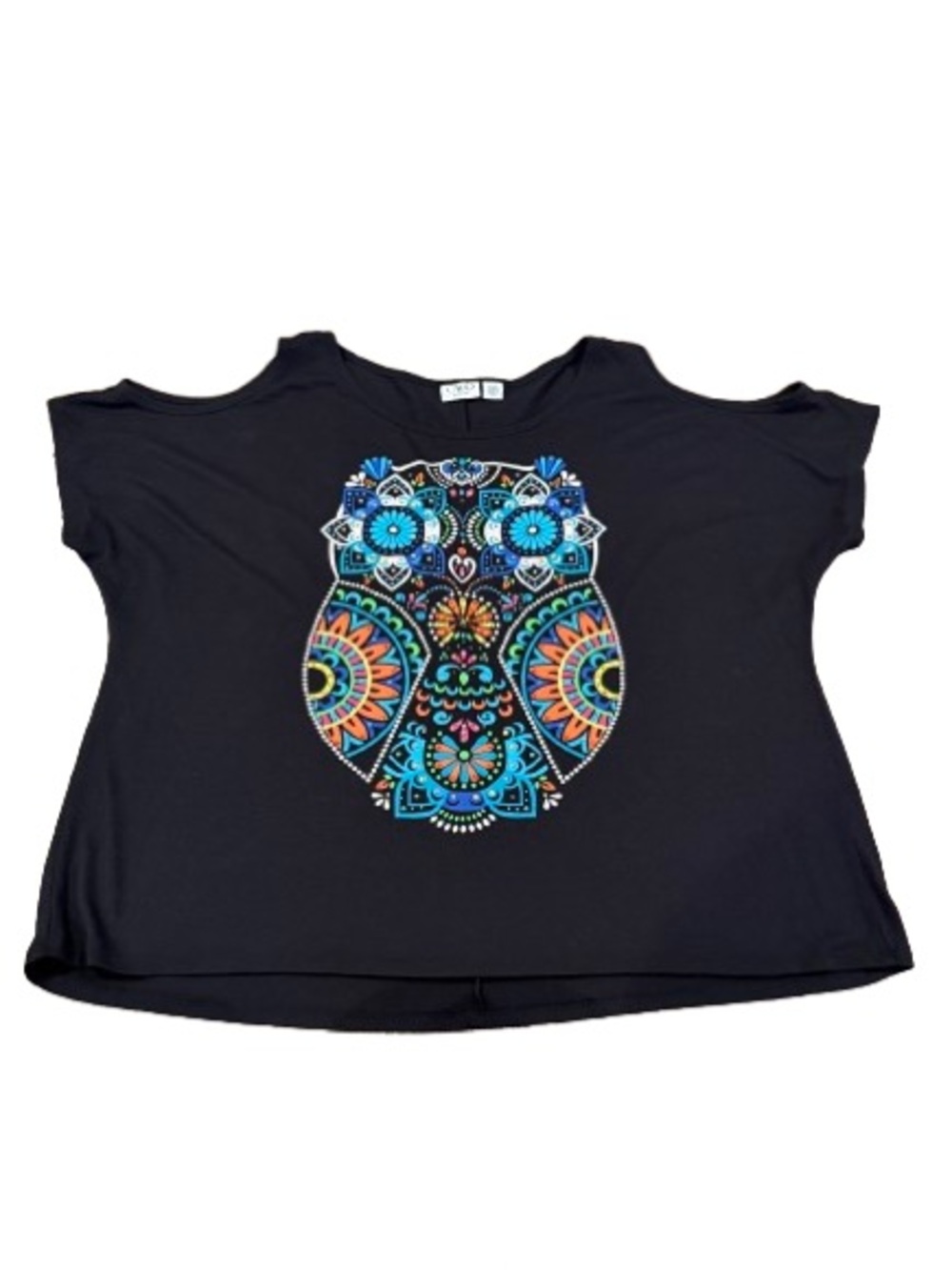 Cato Women’s Black Cold-Shoulder Tee with Colorful Owl Mandala Size 18/20W